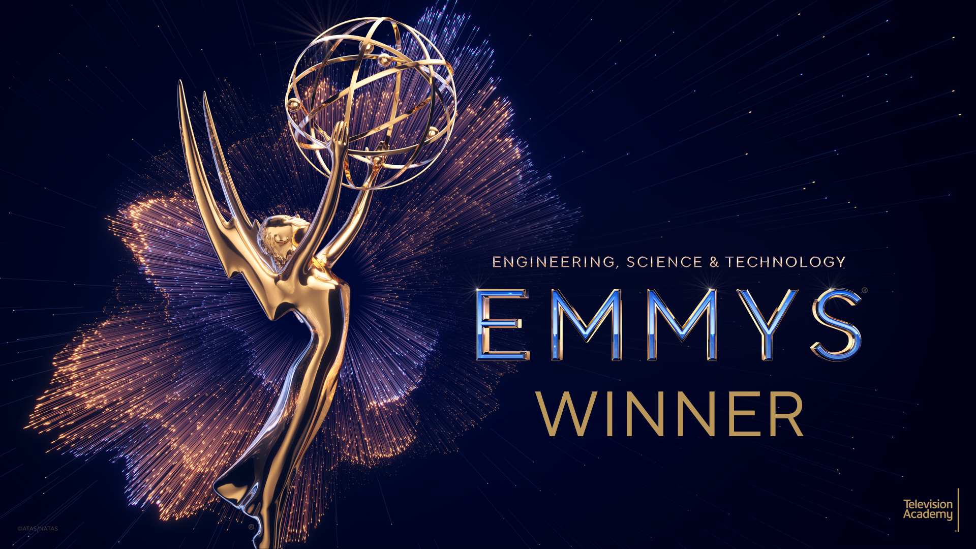 Emmy statuette with fireworks in the background and the words Engineering, Science & Technology Emmys Winner